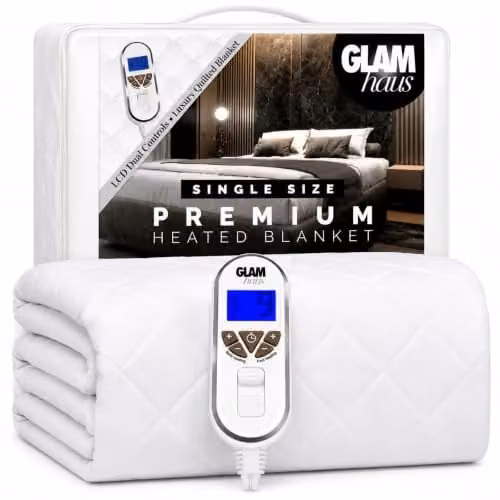 GlamHaus Single Electric Blanket Fitted Mattress Cover, White, W/D/H: 90 x 200 x 9 cm