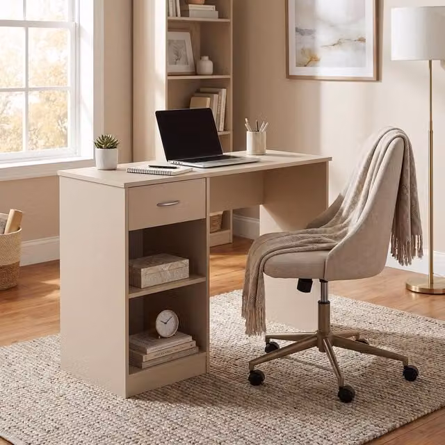 FWStyle Matt Putty Dressing Table and Home Office Desk with 1 Drawer and 2 Shelves