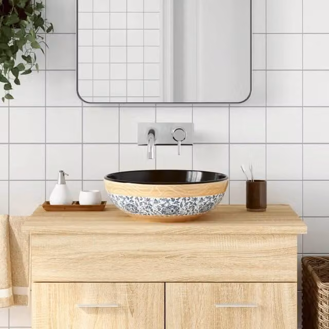 Berkfield Home Round Ceramic Countertop Basin in Black and Multicolour, Diameter: 41 cm, Height: 14 cm