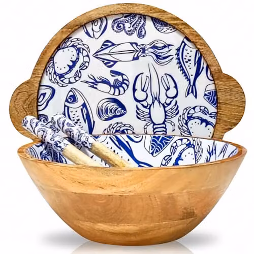 Hartsmede Mango Wood Salad Bowl with Lid and Spoons, Ocean Blue