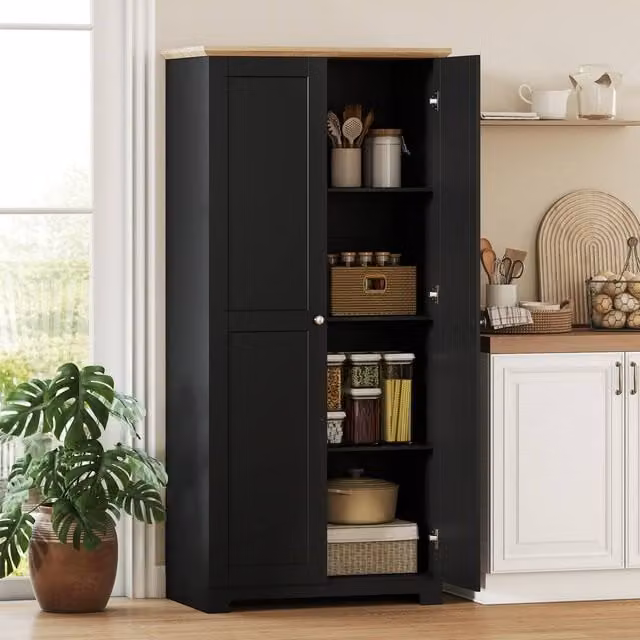 HOMCOM Black Modern Tall Freestanding Kitchen Cupboard and Pantry with 2 Hinged Doors and Internal Shelves, H 172 x W 80 x D 48 cm
