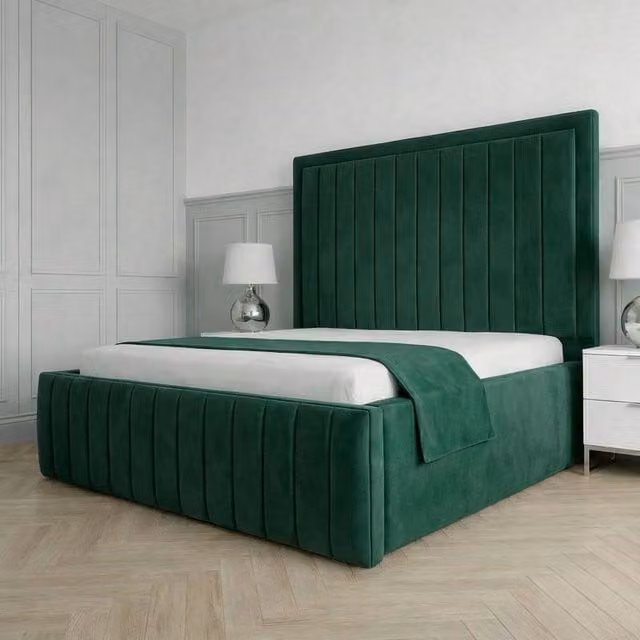 Living Comfort Bedz Sovereign Plush Velvet Upholstered Bed with Slatted Base and 48 Inch Headboard in Green, King Size