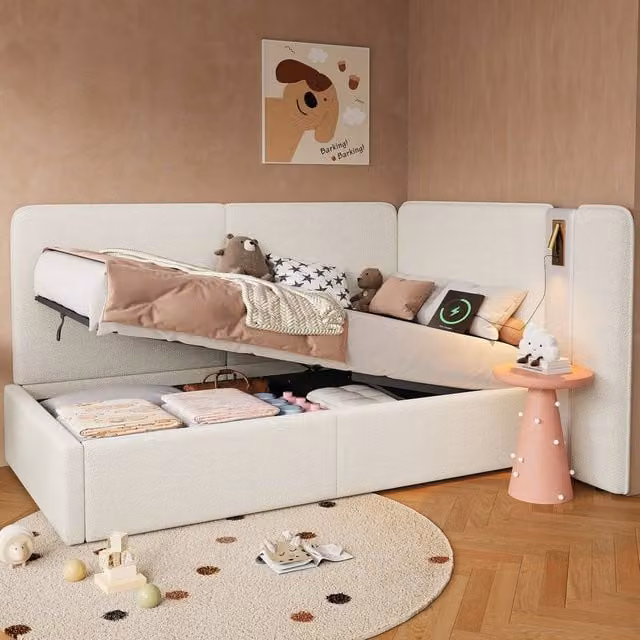 ModernLuxe L-shaped upholstered bouclé daybed in beige with hydraulic storage and integrated reading light, W/D/H: 190 x 90 x 136 cm