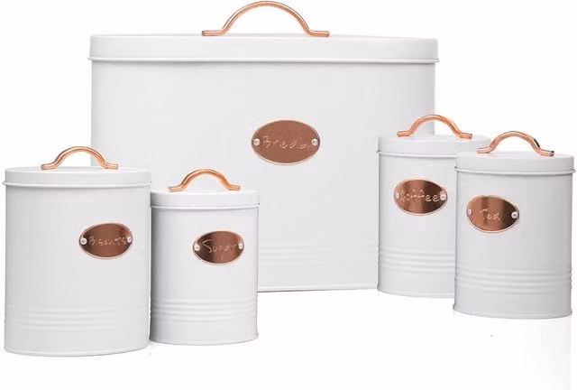 SPETLEK 5-Piece Airtight and Leakproof Metal Kitchen Bread Bin Storage Tin Set in White