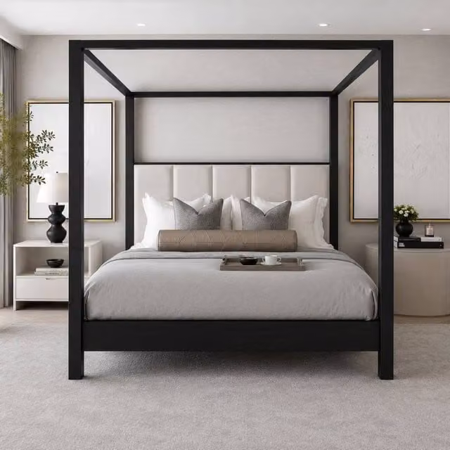 Stratus Interiors Premium Upholstered Four Poster Bed Frame in Black and Silver, Double Size (140 x 200 cm)