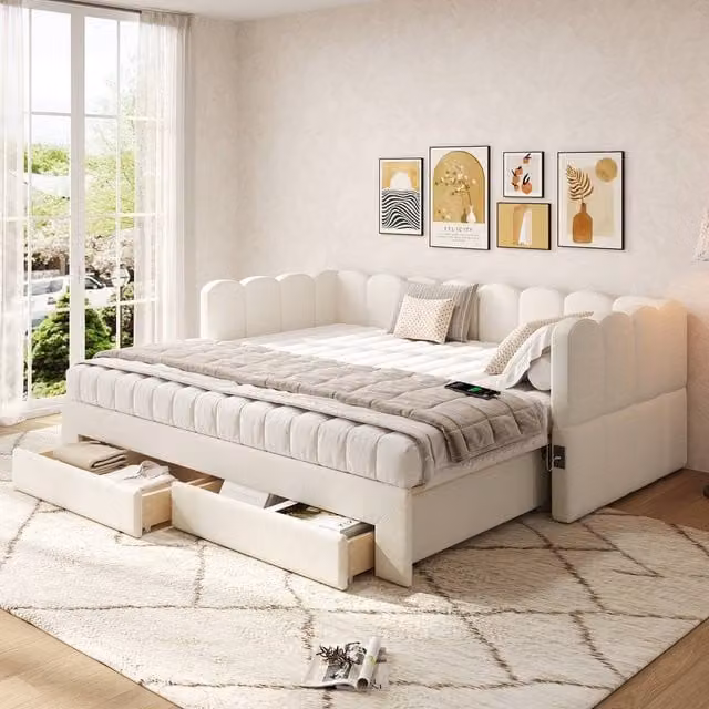 Matteo Beige Linen Upholstered Single Daybed with Storage Drawers and USB Charging Port, W/D/H: 190 x 90 x 73 cm