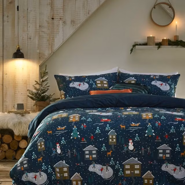 Make it a Home Christmas Winter Pines Reversible Fleece Duvet Cover, Blue, W: 90 cm, L: 200 cm