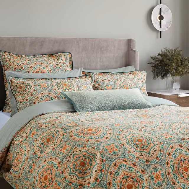 Bedeck of Belfast Addison Reversible Cotton Percale Duvet Cover and Pillowcase Set, Multicolour Gold and Petrol Striped Ethnic Design, W: 180 cm x L: 200 cm
