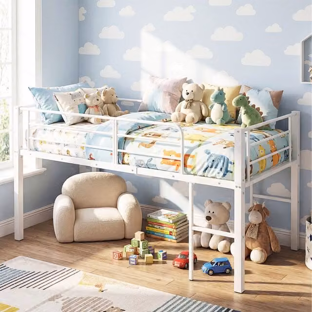 Costway White Metal Kids Low Loft Single Bed with Bedside Shelf and Side Compartments