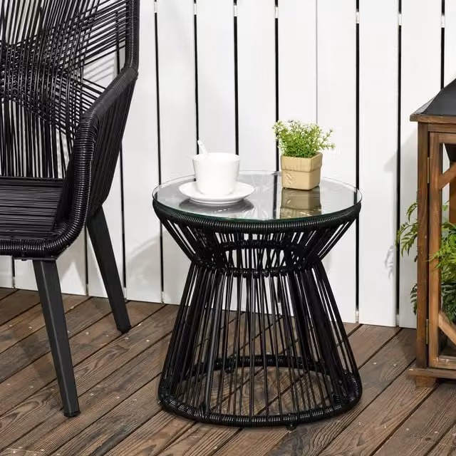 Outsunny Round Rattan Outdoor Coffee Table with Glass Top and Black Powder Coated Steel Frame