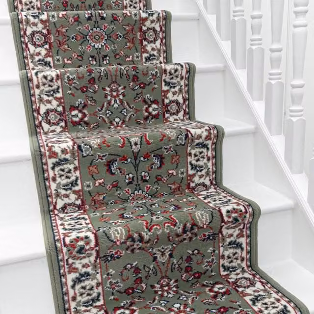 runrug Traditional Stair Runner Carpet in Green, W: 60 cm, L: 570 cm