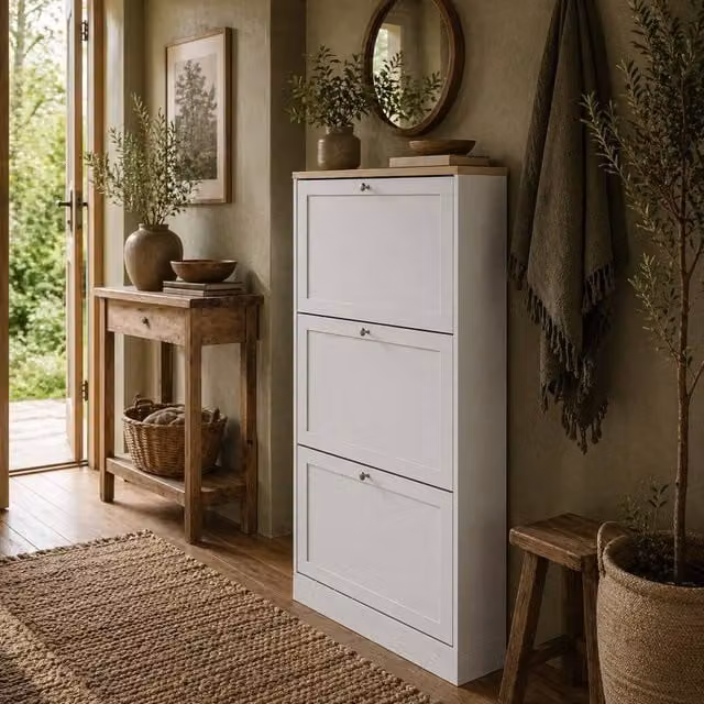 Wyld Haus White Matt 3 Drawer Tilt Out Shoe Cabinet W/D/H: 60 x 23.5 x 115 cm