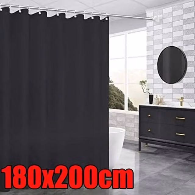 EONLION Black Antibacterial and Mould-Resistant Polyester Shower Curtain, W/H: 180 x 200 cm
