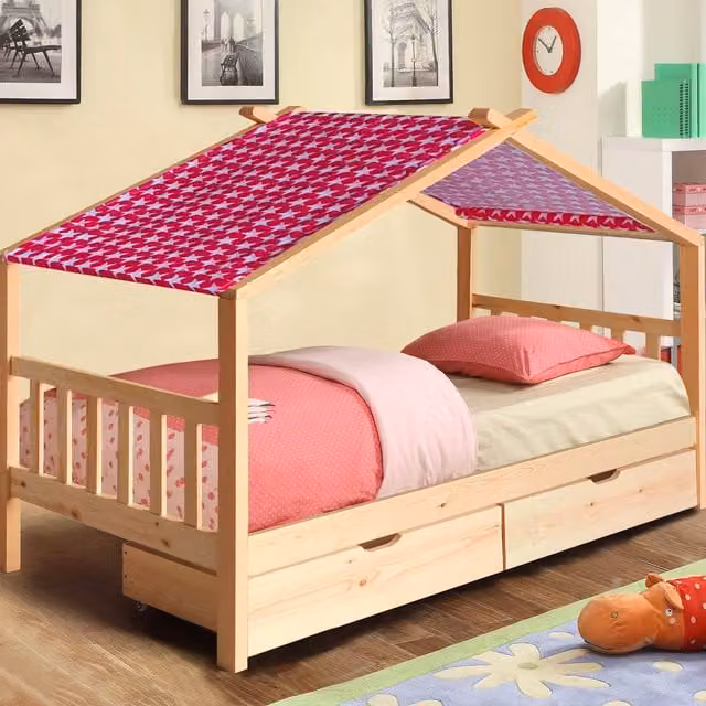 Comfy Living Childrens Wooden House Storage Bed with Fabric Tent and Drawers, Pink, W/D/H: 90 x 190 cm