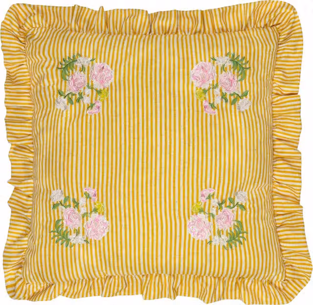 Make It A Home Martha Yellow Floral Embroidered Ruffle Linen Square Cushion