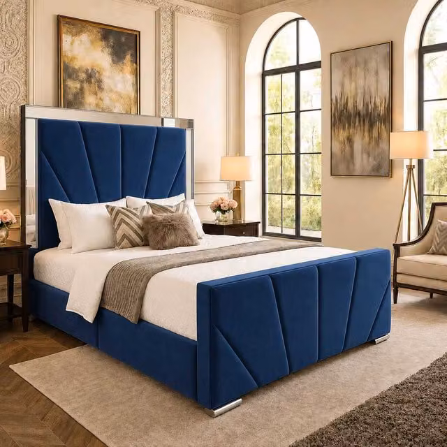 Sunrise Mirrored Single Bed in Blue Velvet by K Mehmood Enterprise Ltd, W/D/H: 90 x 190 cm