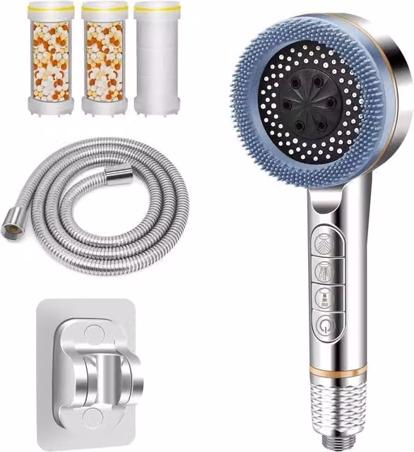 KORVIXA Handheld Filtered Shower Head with Rain, Massage and Jet Settings in Silver Chrome