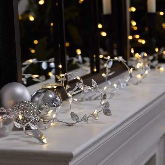 Dibor Silver Leaves Pre-Lit LED Christmas Table Garland with Warm White Lights, 2m