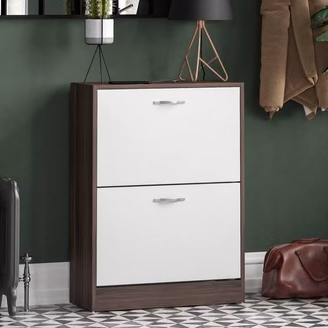 HD Designs Modern 2 Drawer White Shoe Cabinet Organizer with Tilting Compartments