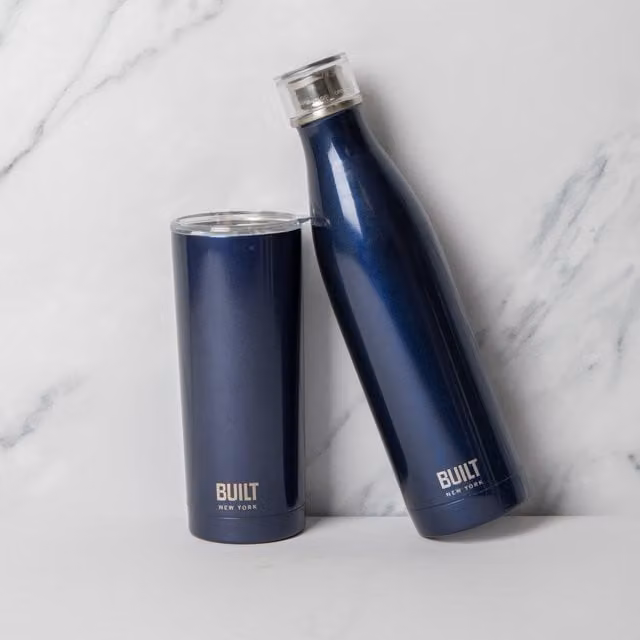 BUILT New York Double Walled Vacuum Insulated Stainless Steel Water Bottle 740ml and Travel Mug 590ml Set in Midnight Blue