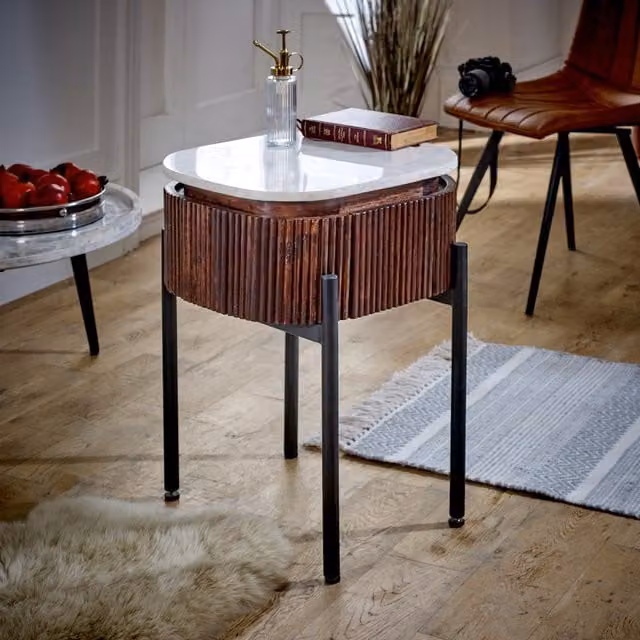 Luxor Living Mango Wood Bedside Table with Marble Top and Metal Legs in Brown, W/D/H: 40 x 60 x 45 cm