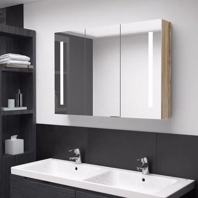 Berkfield Home LED Bathroom Mirror Cabinet in Grey Oak, W: 89 cm, D: 14 cm, H: 62 cm