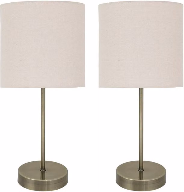 First Choice Lighting Set of 2 Bronze Stick Table Lamps with Beige Fabric Cylinder Shades