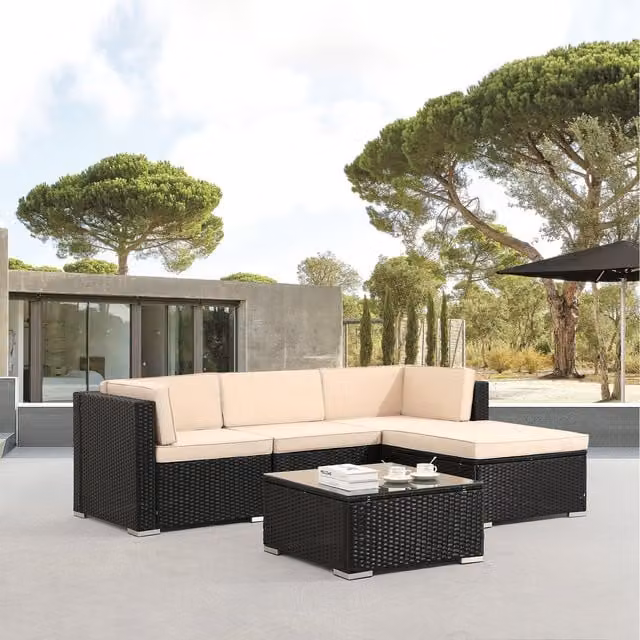 Arebos Palma Black Polyrattan L-Shape Garden Furniture Set with Ottoman, Coffee Table and Beige Cushions