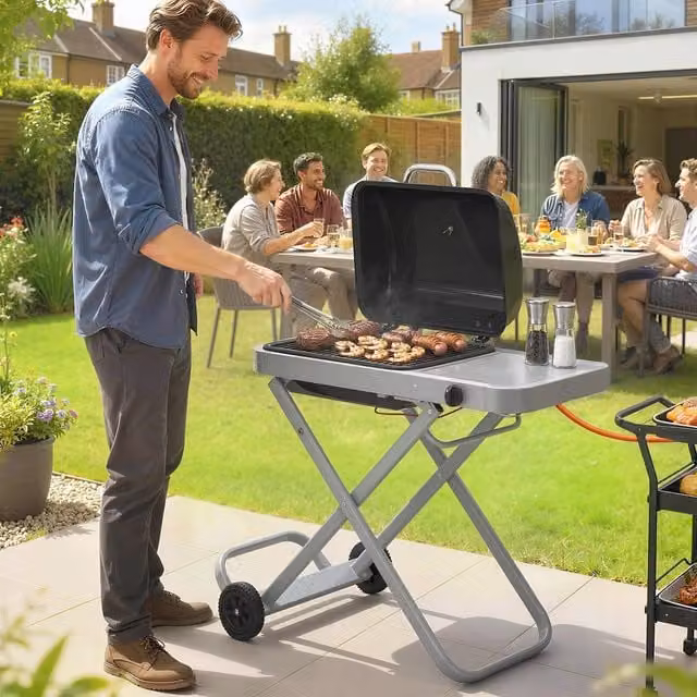 OUTSUNNY Foldable Gas BBQ Barbecue Grill with Side Table and Wheels, Black, 2.5 kW