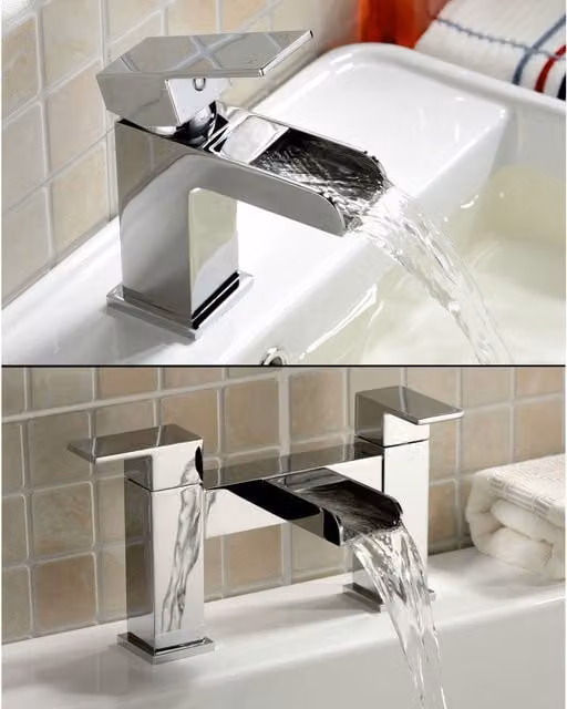 Nes Home Chrome Origin Waterfall Basin Mono Mixer Tap and Bath Filler Mixer Tap Set in Silver