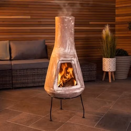 Charles Bentley Barcelona Clay Chiminea with Stand in Beige and Brown, W/D/H: 95 x 38 x 38 cm