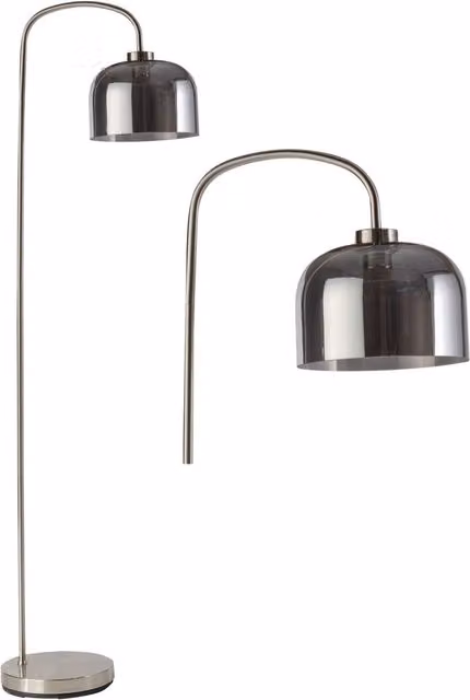 First Choice Lighting Francine Silver Arched Floor Lamp with Smoke Grey Glass Shade