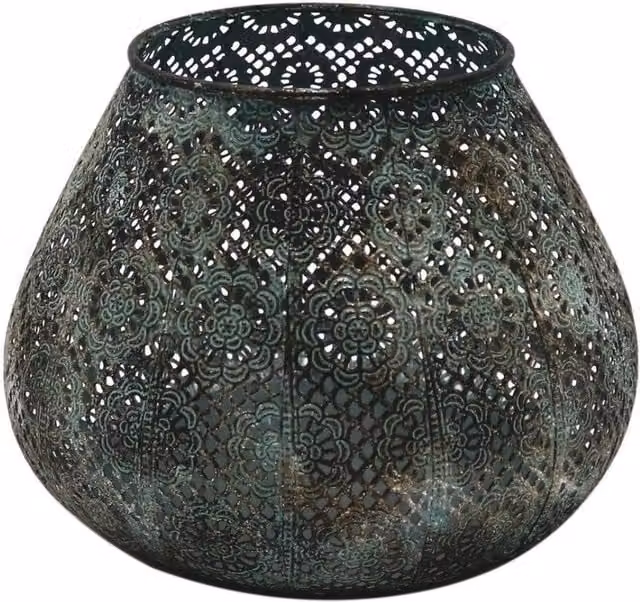 KDMD Marrakech Green Metal Boho Floral Candleholder for Tealights and Pillar Candles, Height: 19 cm