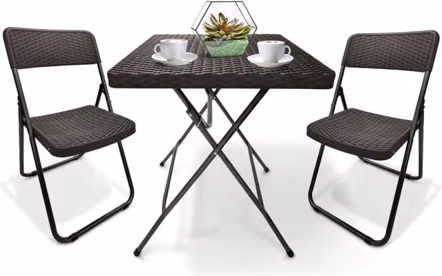 NETTA Brown Polyrattan Bistro Table and 3 Chairs Set for Garden, Balcony or Terrace