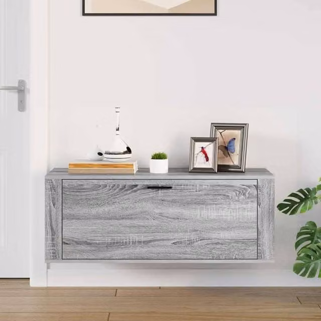 Berkfield Home Wall Mounted Shoe Cabinet in Grey Sonoma, W/D/H: 100 x 35 x 38 cm