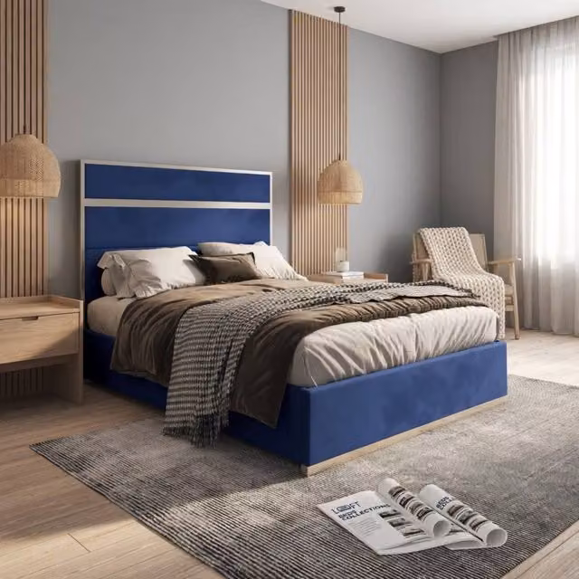 KDMD Horam Small Double Upholstered Velvet and Metal Designer Bed Frame in Blue, W/D/H: 120 x 200 x 137 cm