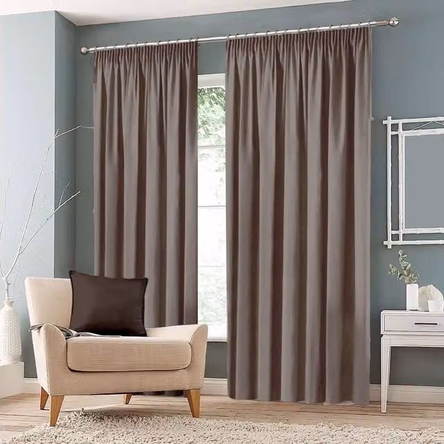 Roseley Plain Blackout Pencil Pleat Fabric Curtains in Black, Grey or Bronze, Width: 137.16 cm