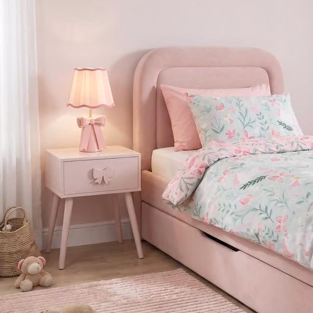 OHS Kids Bow Bedside Table with 1 Drawer Storage Unit in Light Pink