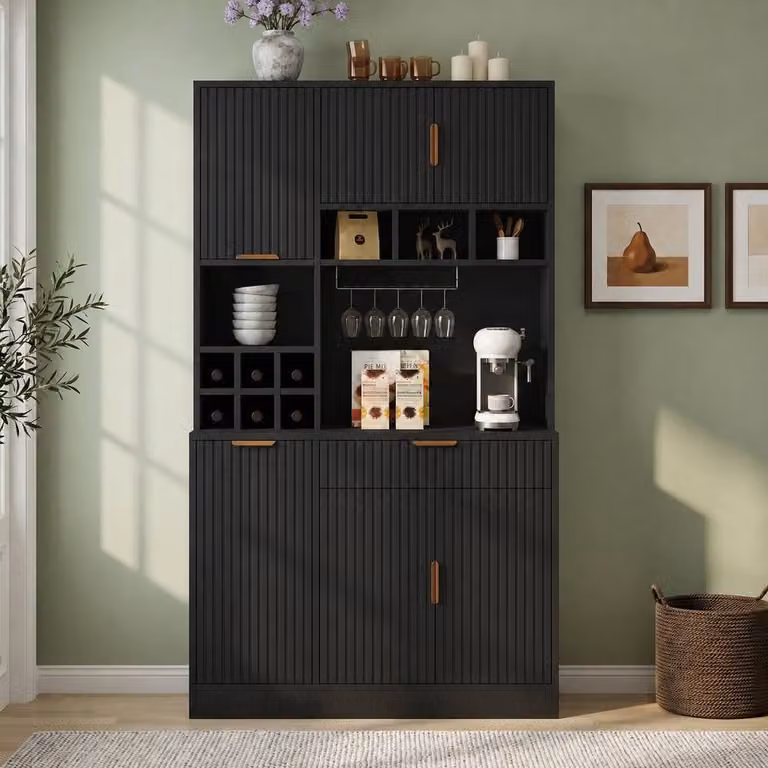 Matteo Black Tall Cabinet Sideboard with Power Outlet and Wine Rack, W/D/H: 100 x 40 x 175 cm