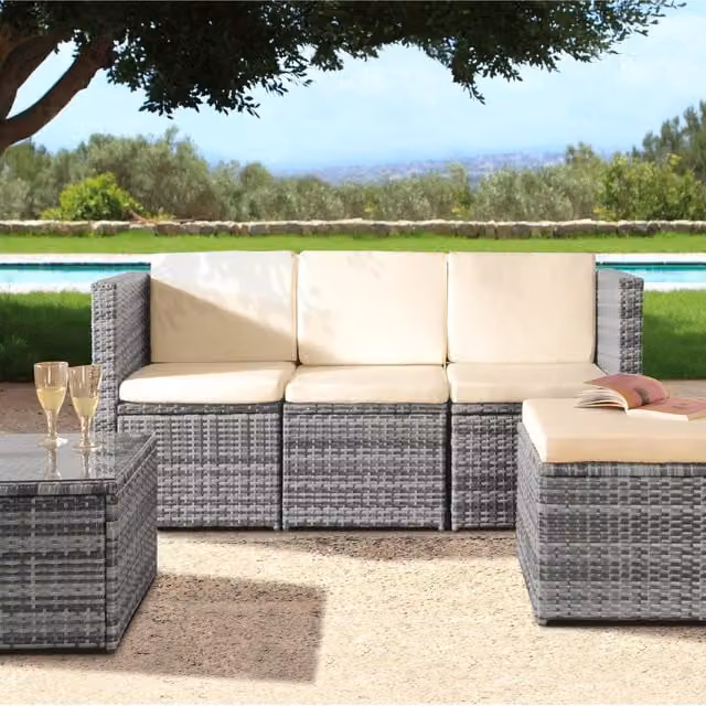 Comfy Living 3-Piece Grey Polyrattan Garden Patio Furniture Set with 3-Seater Sofa, Coffee Table and Ottoman