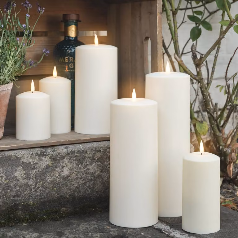 TruGlow® Waterproof Outdoor White Pillar Candle Bundle with Flicker Effect and Timer