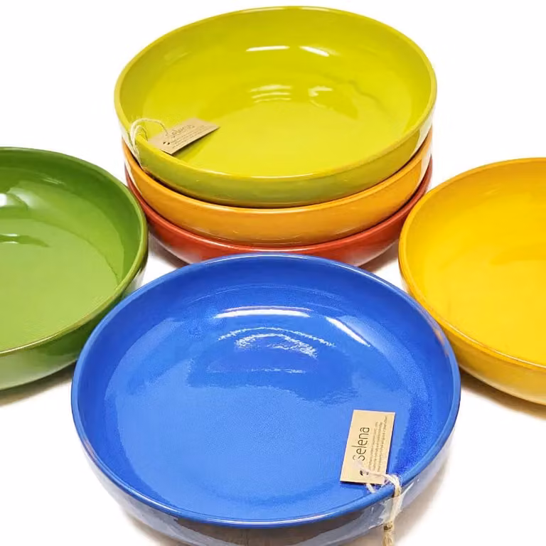 Verano Spanish Ceramics Selena Glazed Hand Dipped Yellow Ceramic Pasta Bowl, Diameter: 22 cm