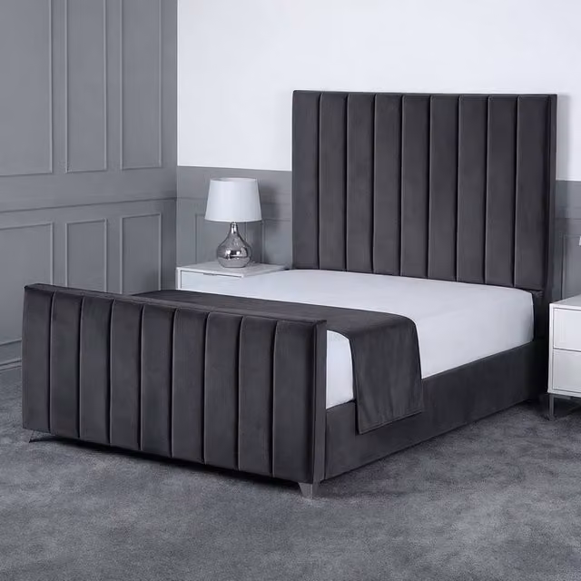 Living Comfort Bedz Empress Plush Velvet Upholstered Bed with Slatted Base and 48 Inch Headboard in Charcoal Grey King Size