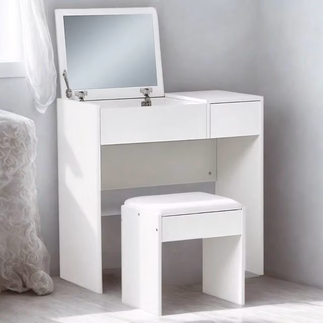 Pirlo Plush 2-in-1 Flip-Up Dressing Table and Workstation with Stool in White