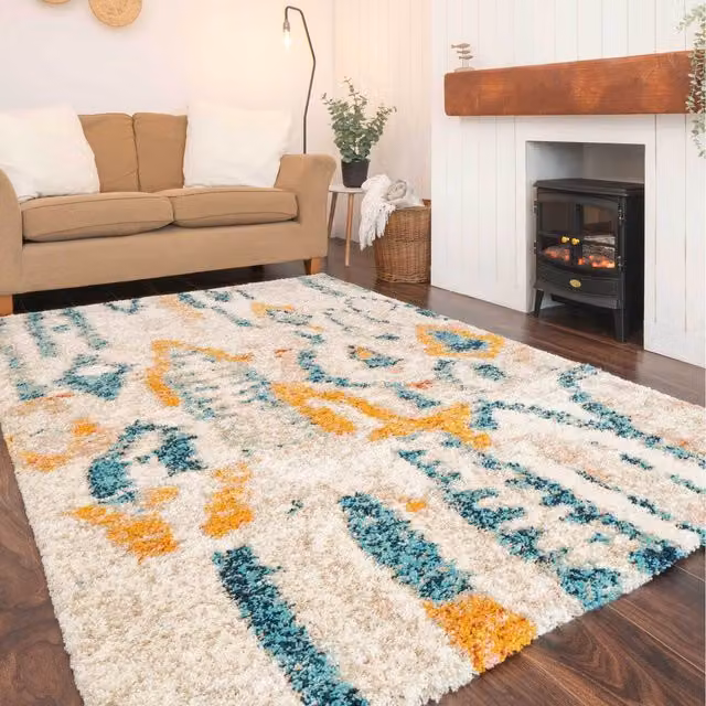 The Rug House Moroccan Shaggy Living Area Rug, Multicolour and Beige, W: 170 cm, D: 120 cm