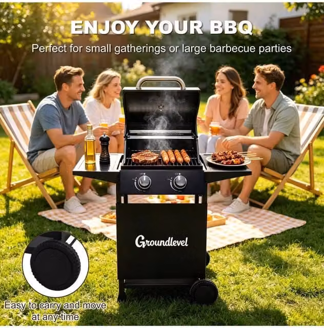 Groundlevel 2 Burner Family Gas BBQ Grill with Side Tables, Black