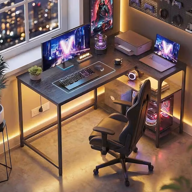 The Bazaarist L-Shaped Corner Computer Desk with Reversible Shelves in Black