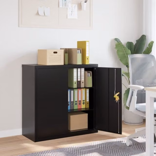 Berkfield Home Black Metal File Cabinet with Hinged Doors and Lock, W/D/H: 90 x 40 x 90 cm