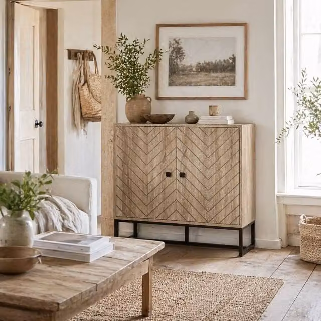 Wyld Haus Mizi Liri Brown Oak Effect 2 Door Storage Cabinet with Chevron Pattern