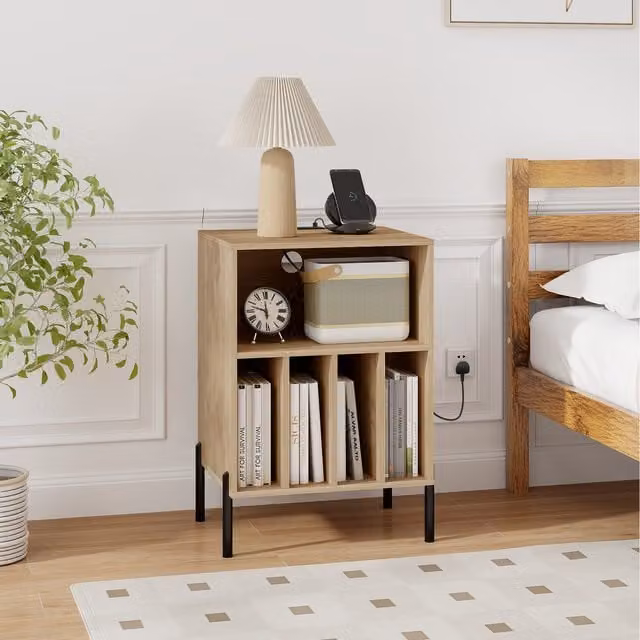 Costway Modern Freestanding Vinyl Record Holder with Back Panel in Brown Wood and Metal
